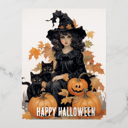  heks en zwarte katten Halloween Folie Feestdagen Briefkaart (Voorkant)