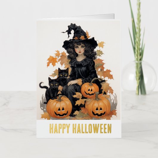  heks en zwarte katten Halloween Folie Wenskaart (Voorkant)