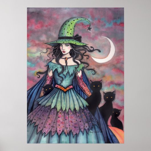 Heks en Zwarte Katten Halloween Kunst Poster (Voorkant)
