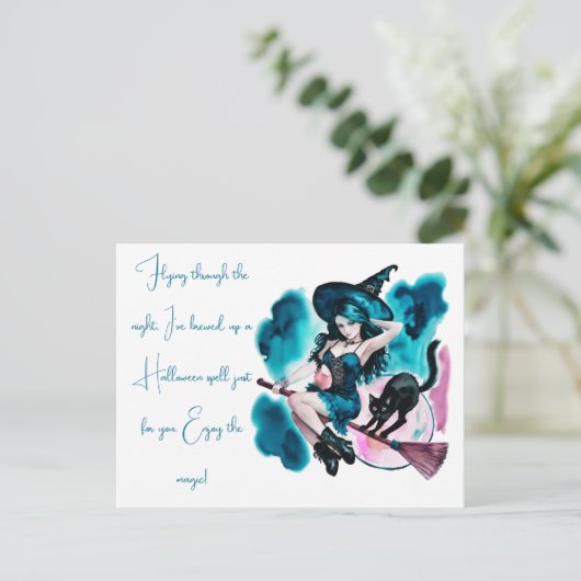 Heks gebrouwen een spreuk zwarte kat Halloween Feestdagenkaart (Staand voorkant)