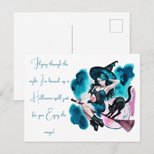 Heks gebrouwen een spreuk zwarte kat Halloween Feestdagenkaart (Voorkant / Achterkant)