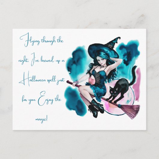 Heks gebrouwen een spreuk zwarte kat Halloween Feestdagenkaart (Voorkant)