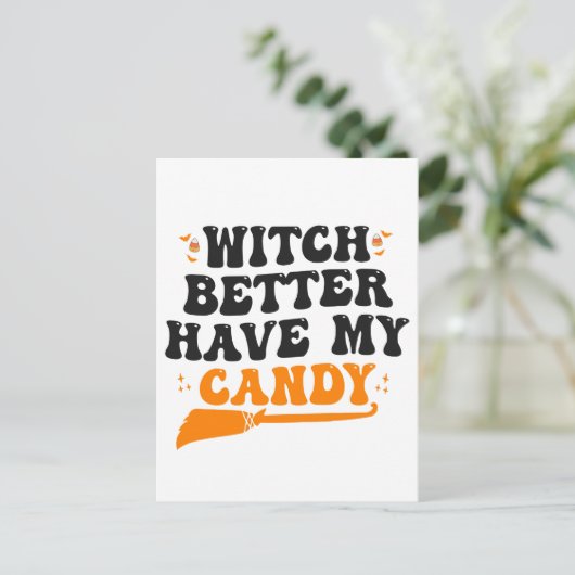 Heks, geef me mijn snoep terug Grappige en griezel Briefkaart (Staand voorkant)