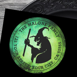 Heks groen en zwart Halloween retouradres Ronde Sticker
