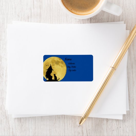 Heks groet zwarte kat silhouet onder volle maan etiket (Insitu)