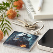 Heks haar wolf en een Jack of Lantern met een maan Sleutelhanger (Voorkant Rechts)