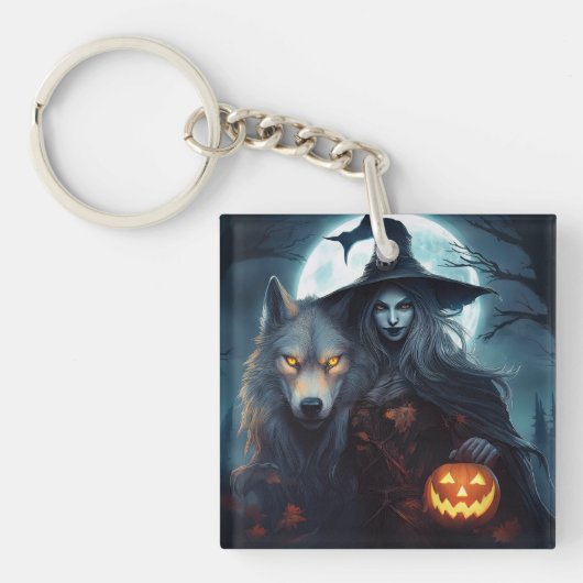 Heks haar wolf en een Jack of Lantern met een maan Sleutelhanger (voorkant)