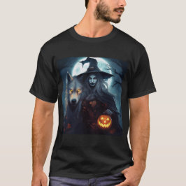 Heks haar wolf en een Jack of Lantern met een maan T-shirt