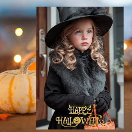 heks Halloween foto gouden pompoen Folie Feestdagenkaart