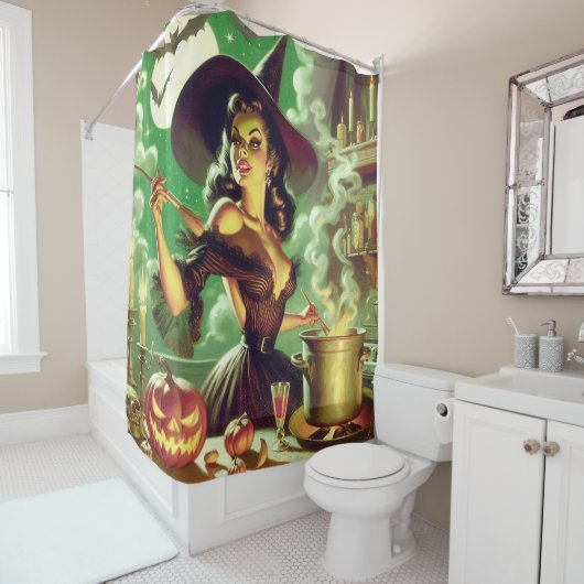 Heks Halloween Pin-Up Douchegordijn (In situ)