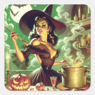 Heks Halloween Pin-Up Vierkante Sticker