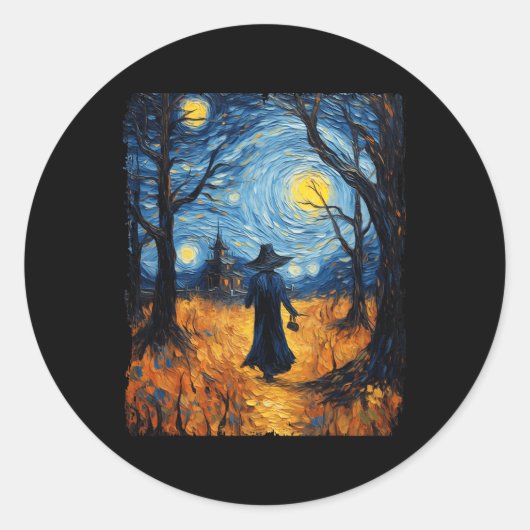Heks Halloween Sterrennacht Van Gogh Kostuumkunst Ronde Sticker (Voorkant)