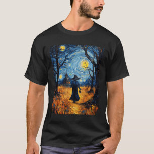 Heks Halloween Sterrennacht Van Gogh Kostuumkunst T-shirt
