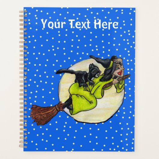 Heks Holding Pet Vliegen op bezem Voorbij Volle Ma Planner (Voorkant)