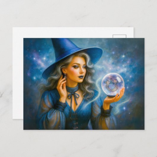 Heks in blauw met kristallen bol feestdagenkaart (Voorkant / Achterkant)