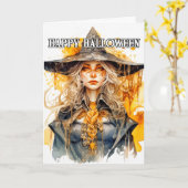 heks in de herfst gelukkig halloween kaart (Gele Bloem)