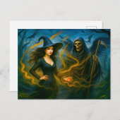 Heks in donker bos met de grimmige maaier feestdagenkaart (Voorkant / Achterkant)