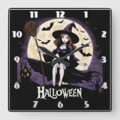 Heks in een spookachtig landschap onder een volle vierkante klok (Voorkant)