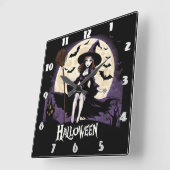 Heks in een spookachtig landschap onder een volle vierkante klok (Hoek)