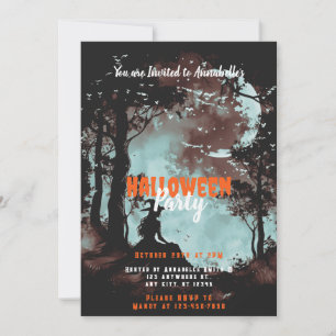 Heks in het bos Maan Vleermuizen Halloween-feest Kaart