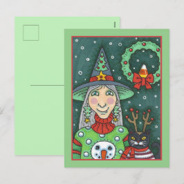 HEKS IN SNEEUWMAN TRUI, ZWARTE KAT XMAS HALLOWEEN FEESTDAGENKAART
