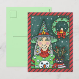 HEKS IN SNEEUWMAN TRUI, ZWARTE KAT XMAS HALLOWEEN FEESTDAGENKAART