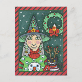 HEKS IN SNEEUWMAN TRUI, ZWARTE KAT XMAS HALLOWEEN FEESTDAGENKAART