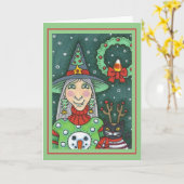 HEKS IN SNEEUWMAN TRUI, ZWARTE KAT XMAS HALLOWEEN KAART (Gele Bloem)