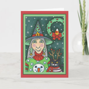 HEKS IN SNEEUWMAN TRUI, ZWARTE KAT XMAS HALLOWEEN KAART