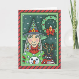 HEKS IN SNEEUWMAN TRUI, ZWARTE KAT XMAS HALLOWEEN KAART