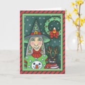 HEKS IN SNEEUWMAN TRUI, ZWARTE KAT XMAS HALLOWEEN KAART (Gele Bloem)