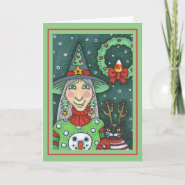 HEKS IN SNEEUWMAN TRUI, ZWARTE KAT XMAS HALLOWEEN KAART