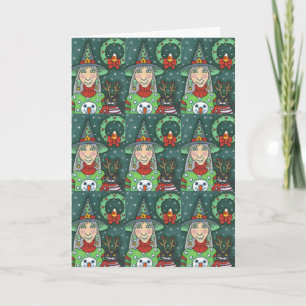 HEKS IN SNEEUWMAN TRUI, ZWARTE KAT XMAS HALLOWEEN KAART