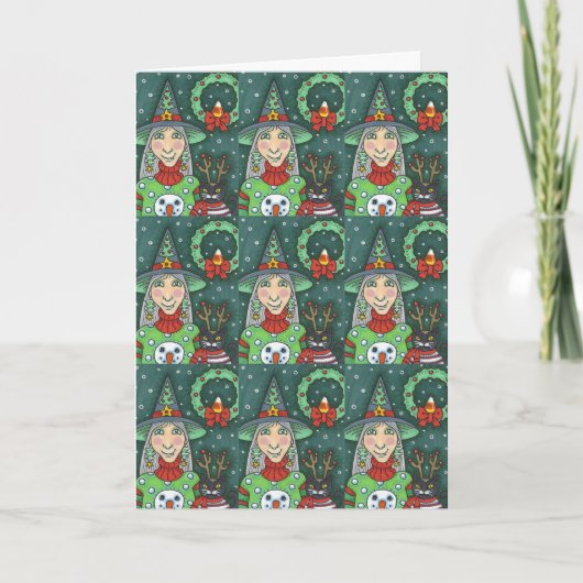 HEKS IN SNEEUWMAN TRUI, ZWARTE KAT XMAS HALLOWEEN KAART (Voorkant)