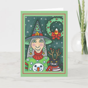 HEKS IN SNEEUWMAN TRUI, ZWARTE KAT XMAS HALLOWEEN KAART
