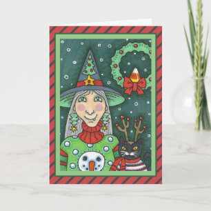 HEKS IN SNEEUWMAN TRUI, ZWARTE KAT XMAS HALLOWEEN KAART