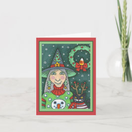 HEKS IN SNEEUWMAN TRUI, ZWARTE KAT XMAS HALLOWEEN KAART