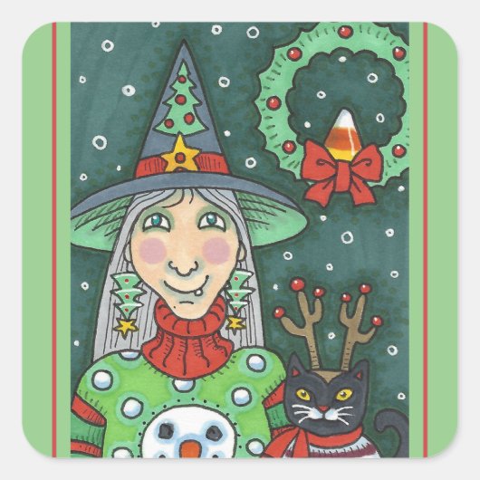 HEKS IN SNEEUWMAN TRUI, ZWARTE KAT XMAS HALLOWEEN VIERKANTE STICKER (Voorkant)