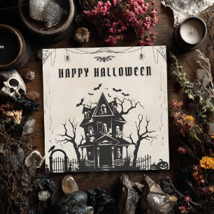  heks in spookhuis pompoenen vleermuis gotisch feestdagenkaart