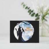 Heks in Volle Maan Raven Uil Halloween Feestdagenkaart (Staand voorkant)