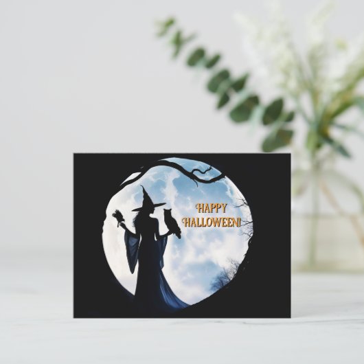 Heks in Volle Maan Raven Uil Halloween Feestdagenkaart (Staand voorkant)