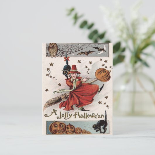 Heks Jack O lantaarn zwarte kat vleermuis uil Briefkaart (Staand voorkant)