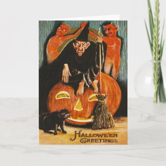 Heks Jack O Lantern Duivel Demon Zwarte Kat Kaart (Voorkant)