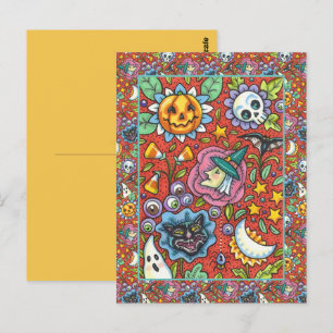 HEKS, KAT, GEEST, KLEURRIJKE HALLOWEEN FOLK GARDEN BRIEFKAART