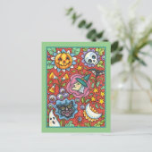 HEKS, KAT, GEEST, KLEURRIJKE HALLOWEEN FOLK GARDEN FEESTDAGENKAART (Staand voorkant)