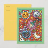 HEKS, KAT, GEEST, KLEURRIJKE HALLOWEEN FOLK GARDEN FEESTDAGENKAART (Voorkant / Achterkant)