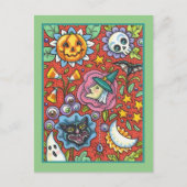 HEKS, KAT, GEEST, KLEURRIJKE HALLOWEEN FOLK GARDEN FEESTDAGENKAART (Voorkant)