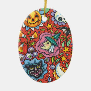 HEKS, KAT, GEEST, KLEURRIJKE HALLOWEEN FOLK GARDEN KERAMISCH ORNAMENT