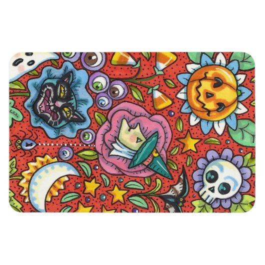 HEKS, KAT, GEEST, KLEURRIJKE HALLOWEEN FOLK GARDEN MAGNEET (Horizontaal)