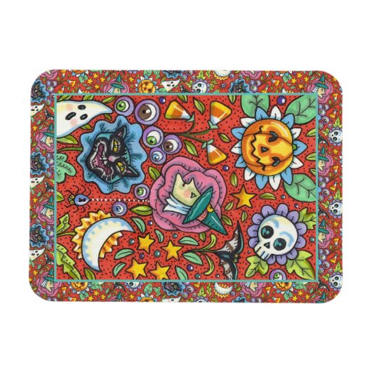 HEKS, KAT, GEEST, KLEURRIJKE HALLOWEEN FOLK GARDEN MAGNEET (Horizontaal)